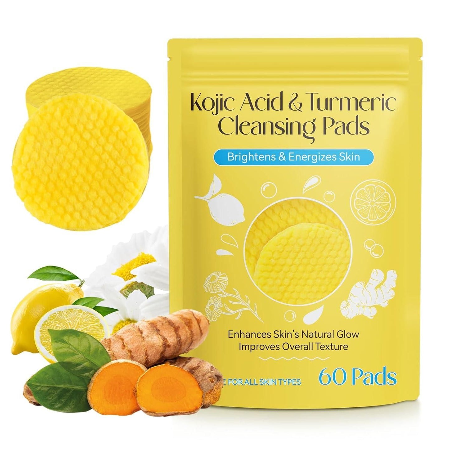 Kogic Acid and Turmeric Cleansing Pads, Turmeric Kojic Acid Lemon Chamomile Pads, Kojic Acid Turmeric Cleansing Pads for Face